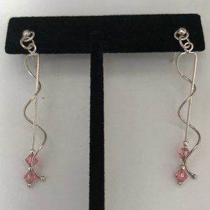 Silver Tone and Pink Crystal Pierced Earrings